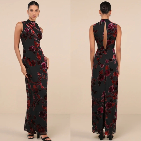 Lulus Composed Glamour Black Burnout Velvet Mock Neck Maxi Dress L Wedding Party - Picture 1 of 9
